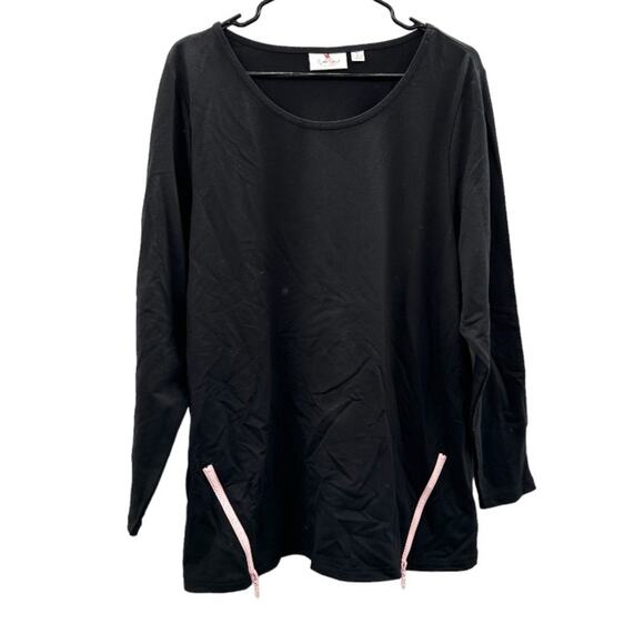 Quacker Factory Black Pink Shark Bite Zippered Hem Long Sleeve Top Size XL - Picture 1 of 8